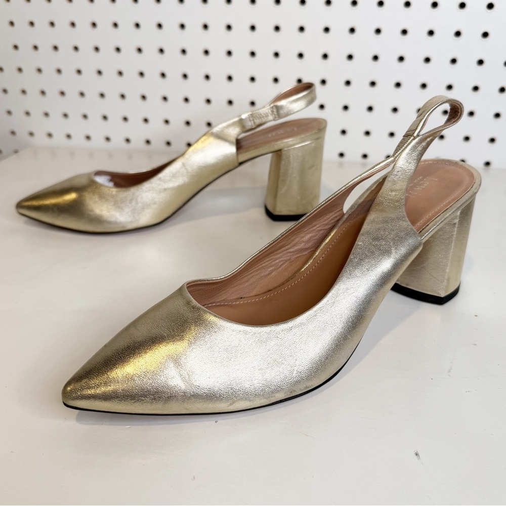 Lewit | Metallic‎ Gold Leather Slingback Block Heel Pumps 39.5